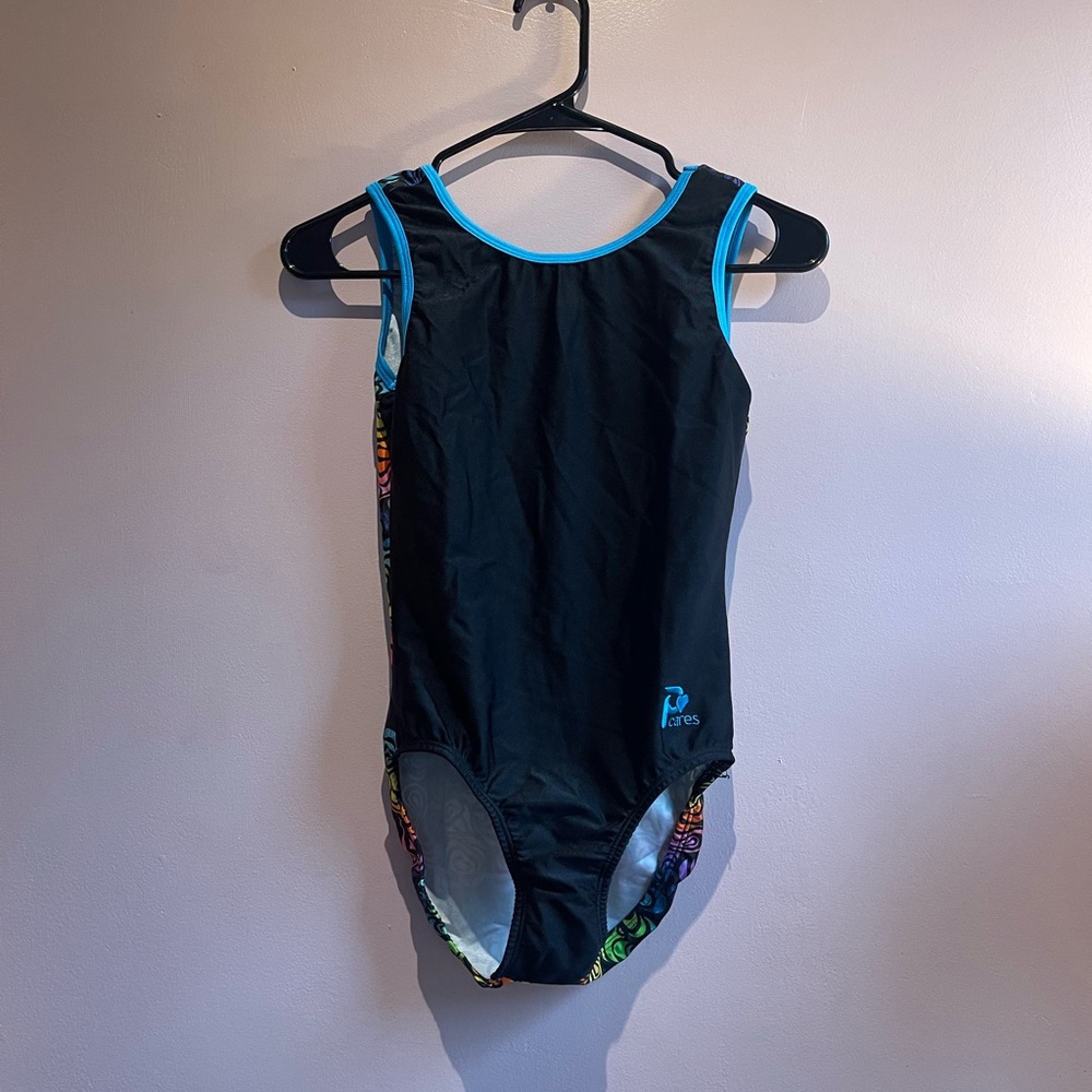 Black leotard with blue trim and rainbow swirls